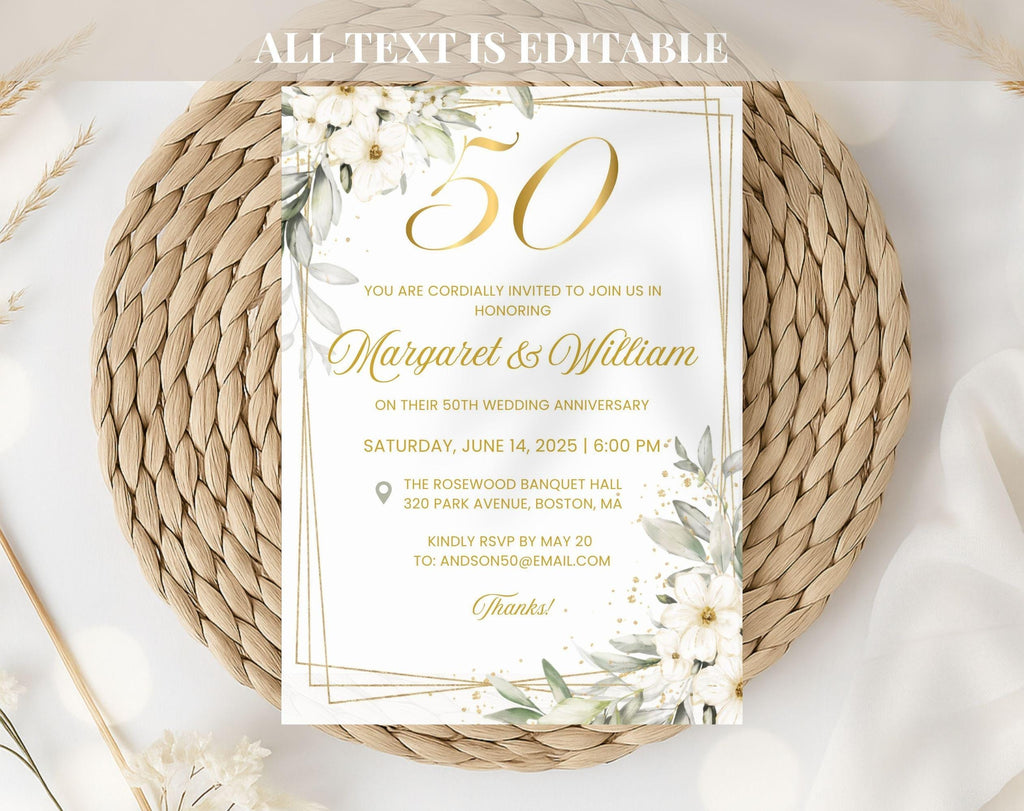 White Gold Floral 50th Wedding Anniversary Invitation