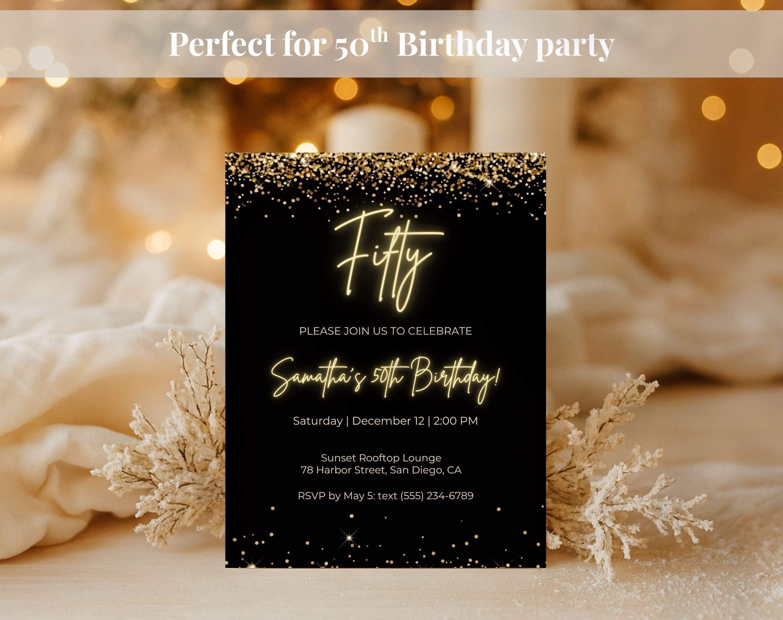 Black Gold 50th Birthday Invitation