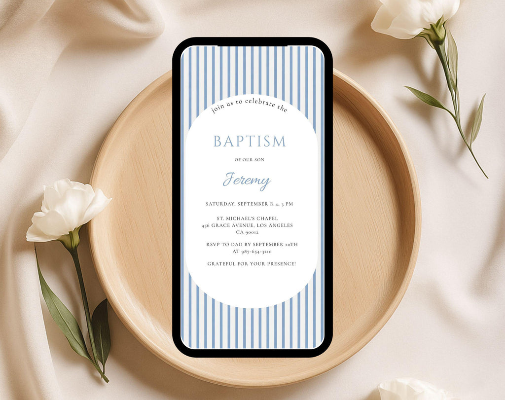 Classic Blue Striped Baptism Invitation