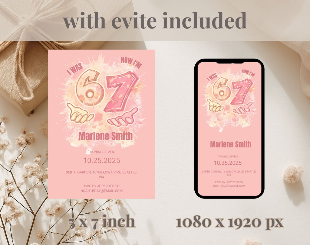 six seven Pink Kids 7th Birthday Invitation