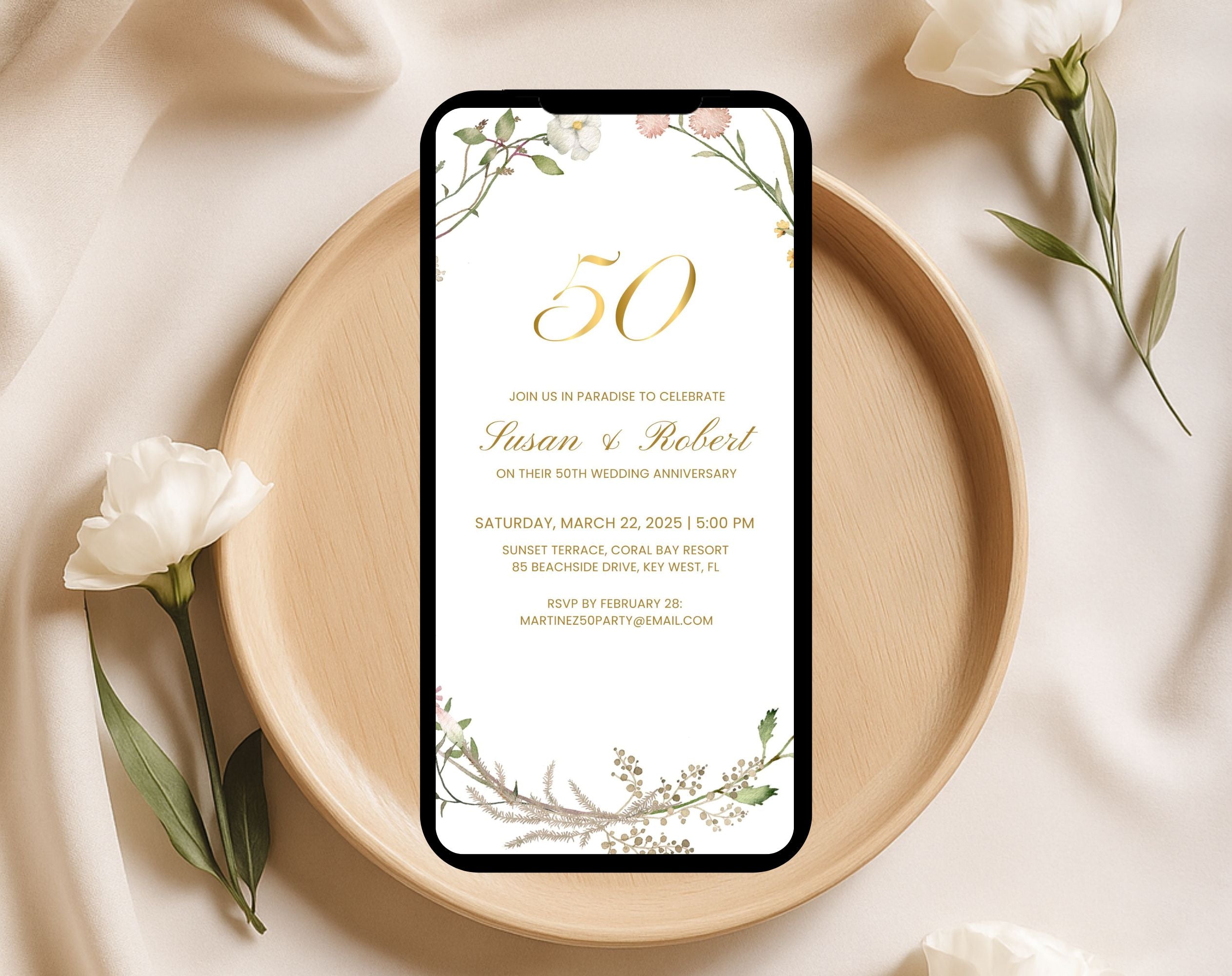 White Floral 50th Anniversary Invitation