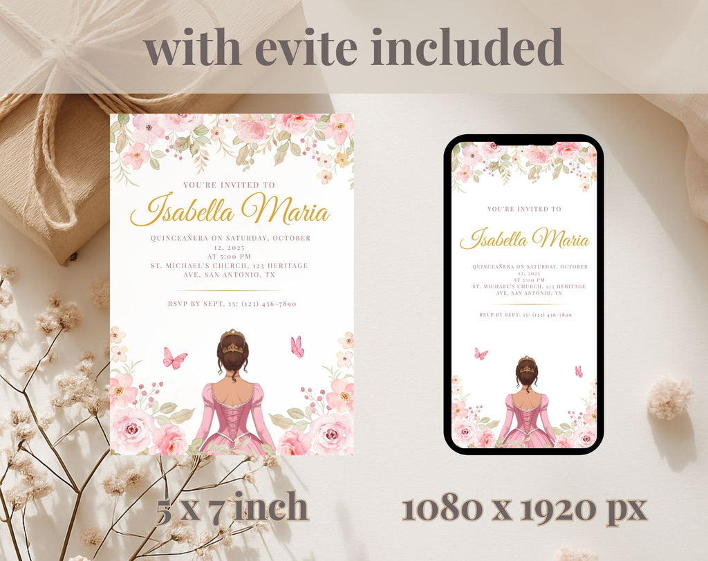 Pink and Gold Quinceañera Sweet 15 Birthday Invitation