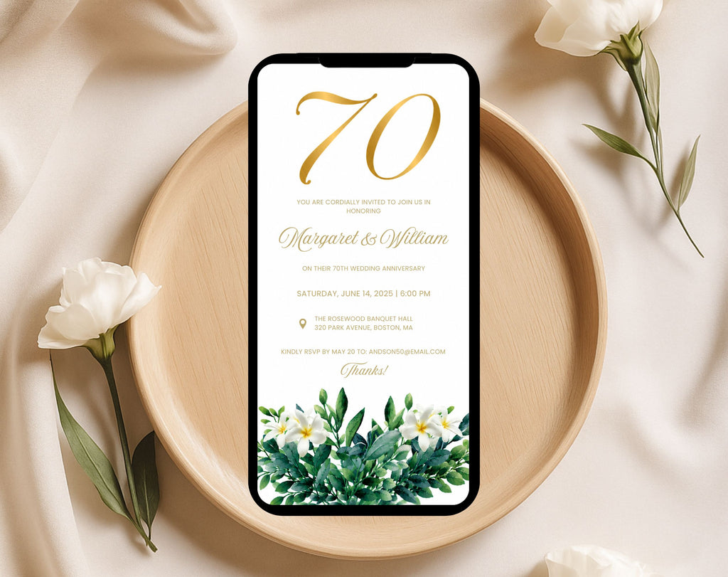 70th White Gold Wedding Anniversary Invitation