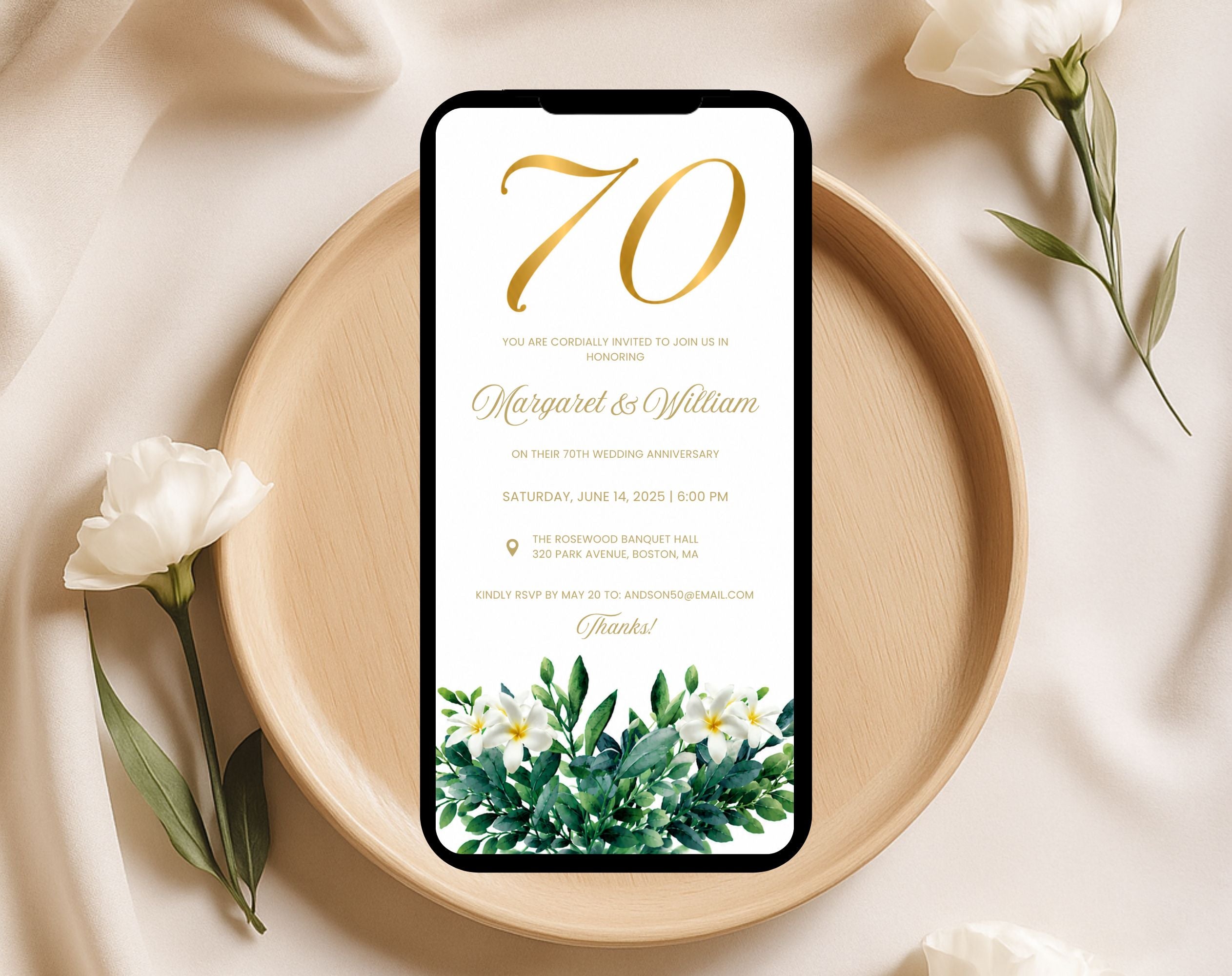 70th White Gold Wedding Anniversary Invitation