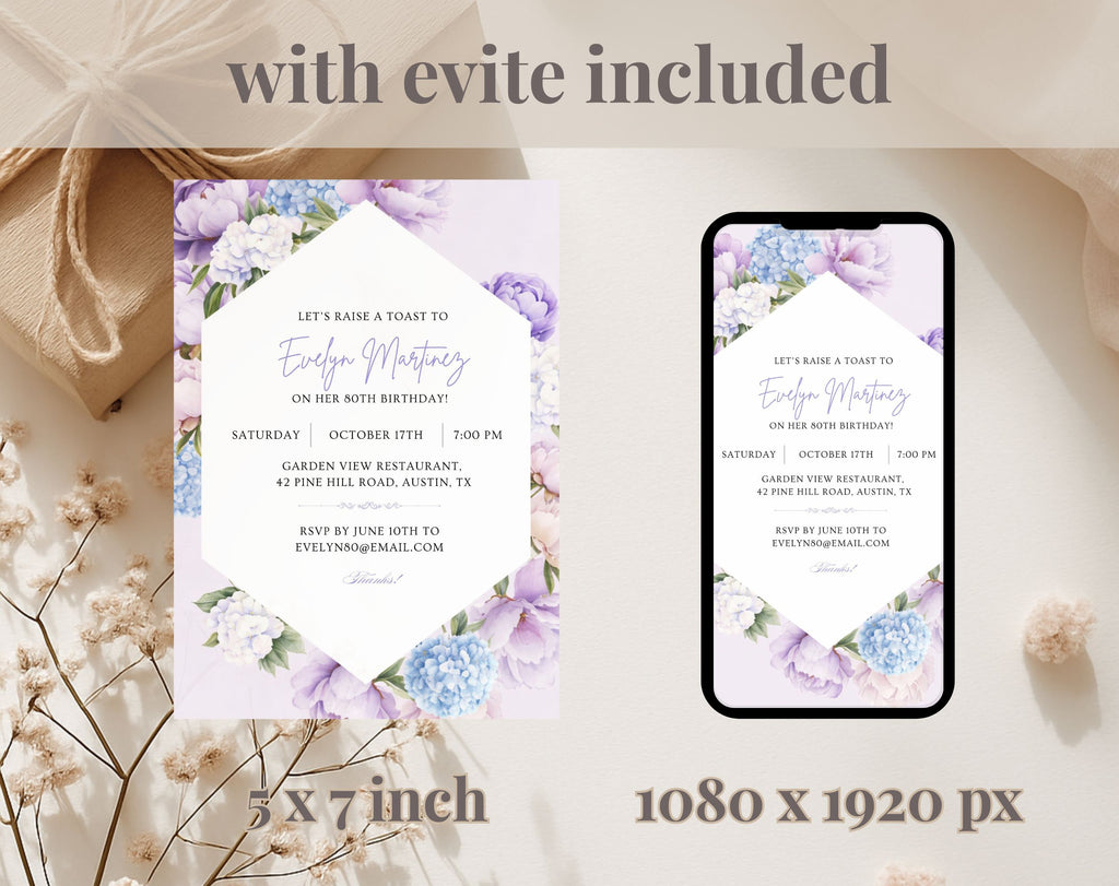 Elegant Purple Floral 80th Birthday Invitation