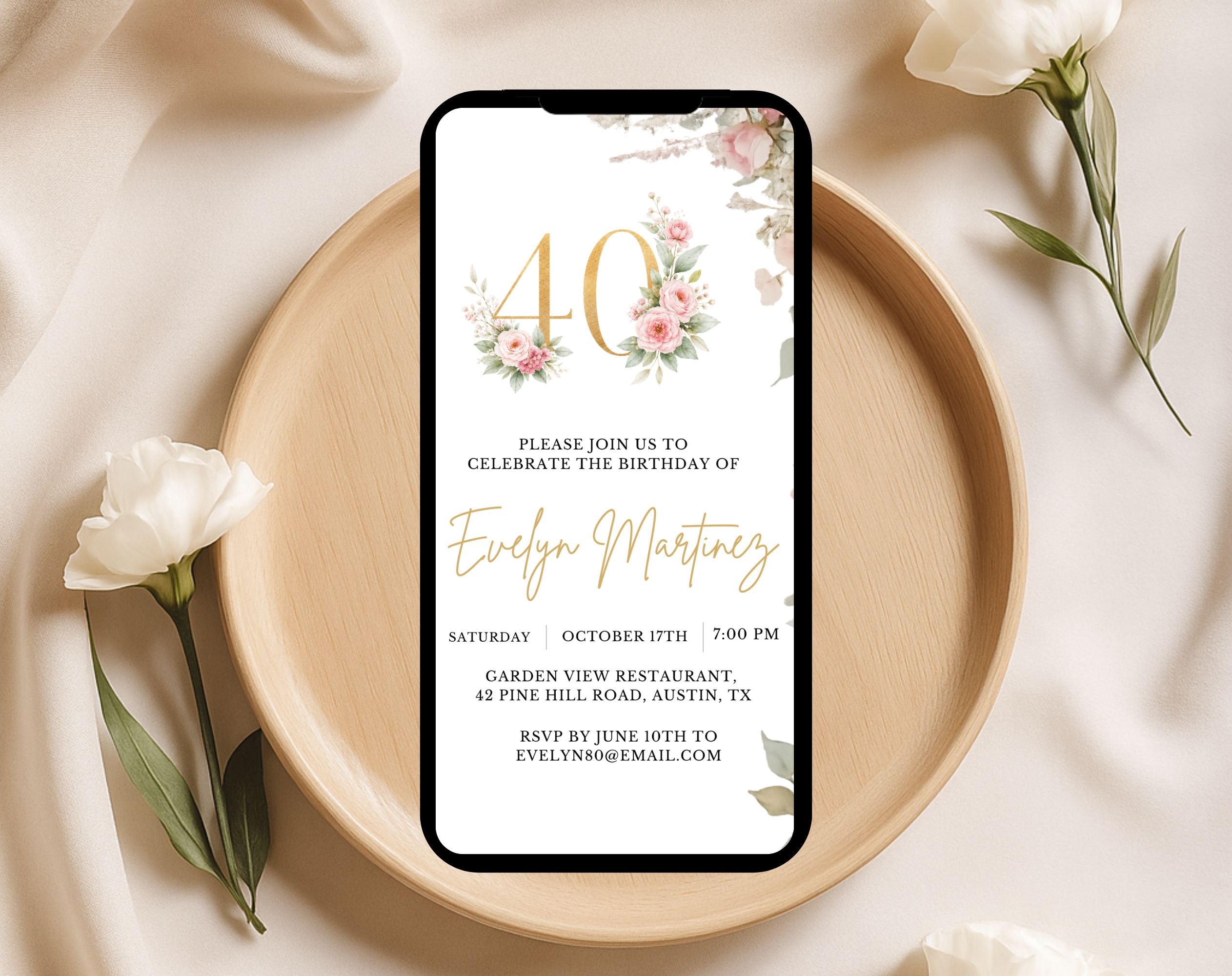 Elegant Floral 40th Birthday Invitation