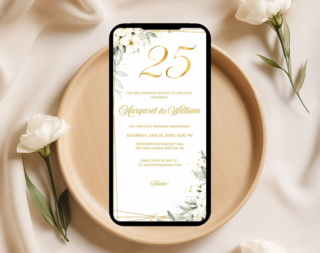 White Gold Floral 25th Wedding Anniversary Invitation