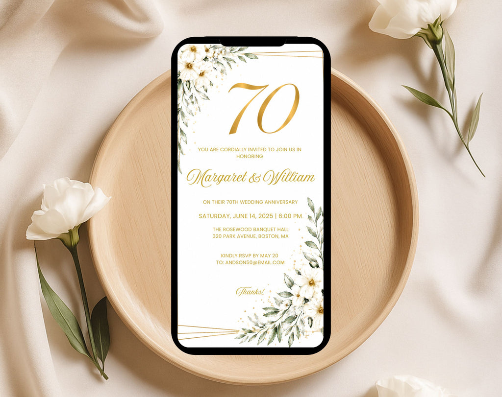 White Gold Floral 70th Wedding Anniversary Invitation