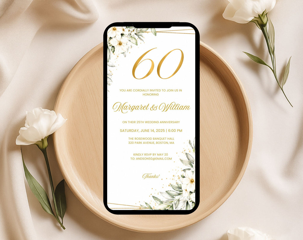White Gold Floral 60th Wedding Anniversary Invitation