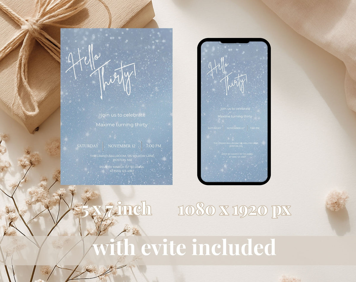 Hello Thirty Winter Blue 30th Birthday Invitation