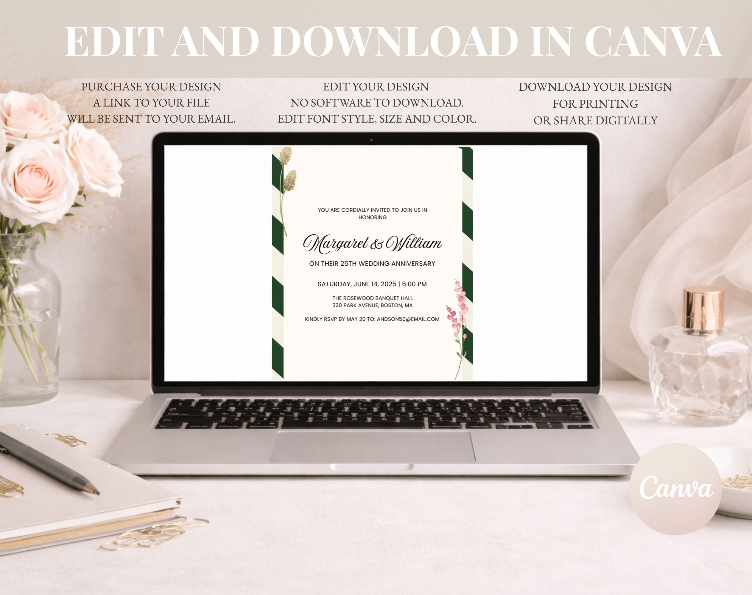 Elegant Green White 25th Anniversary Invitation