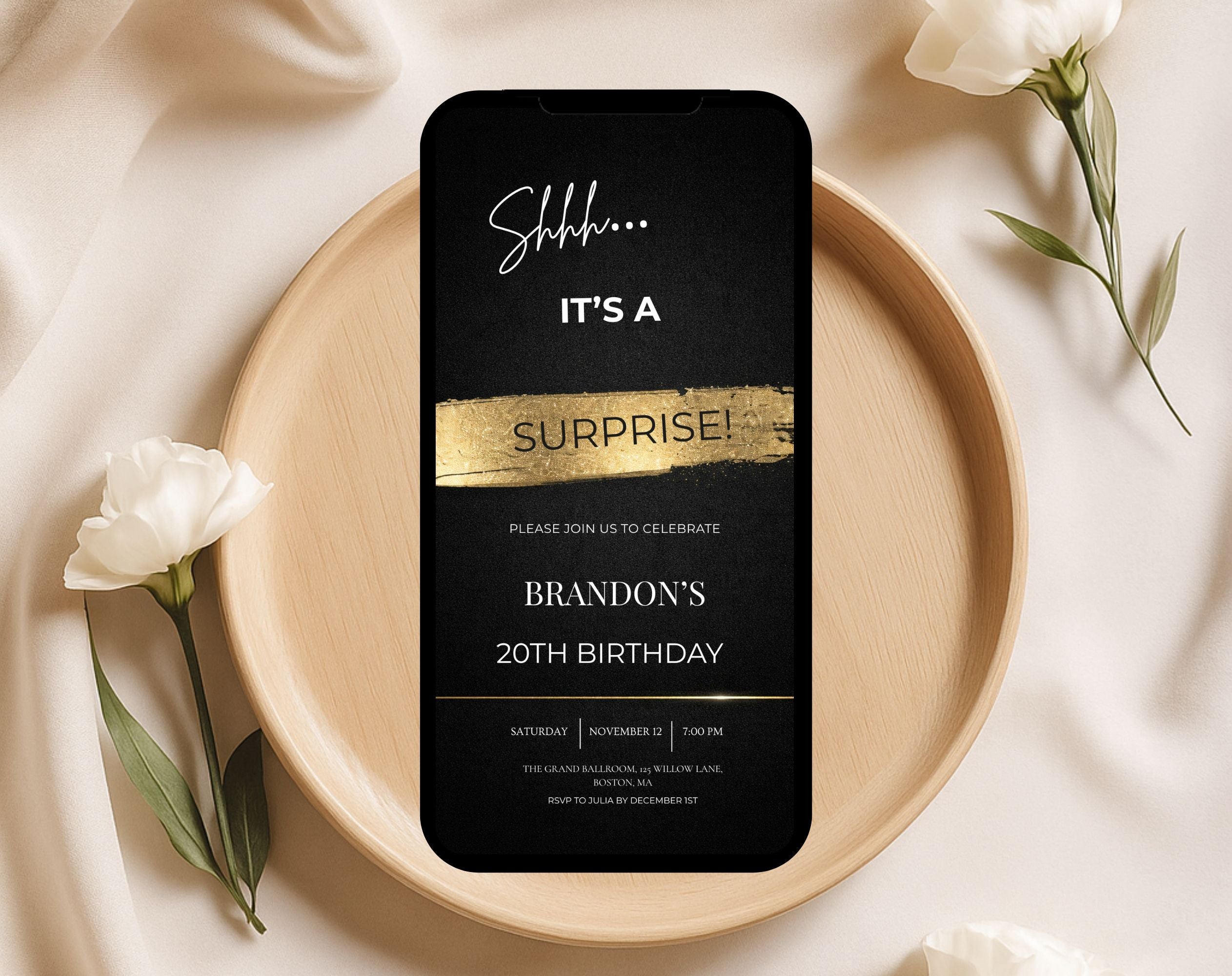 20th gold black Birthday Party Invitation