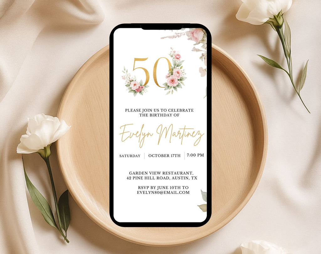 Elegant Floral 50th Birthday Invitation
