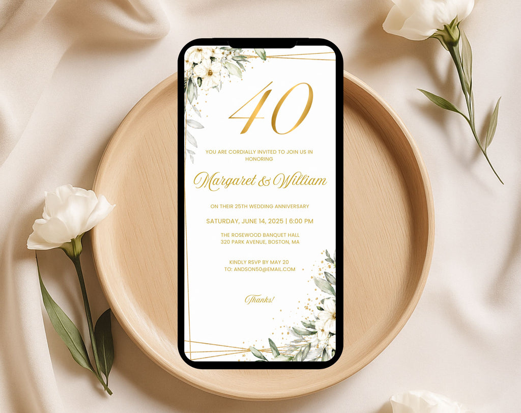 White Gold Floral 40th Wedding Anniversary Invitation