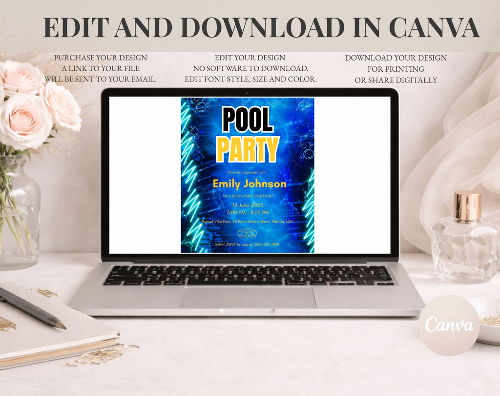 Blue Neon Pool  birthday Party Invitation