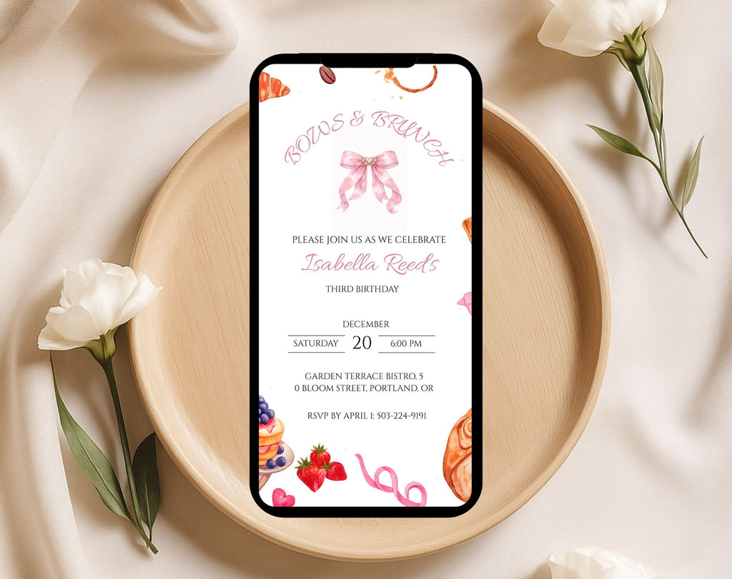 Pink Bows Brunch Birthday Invitation
