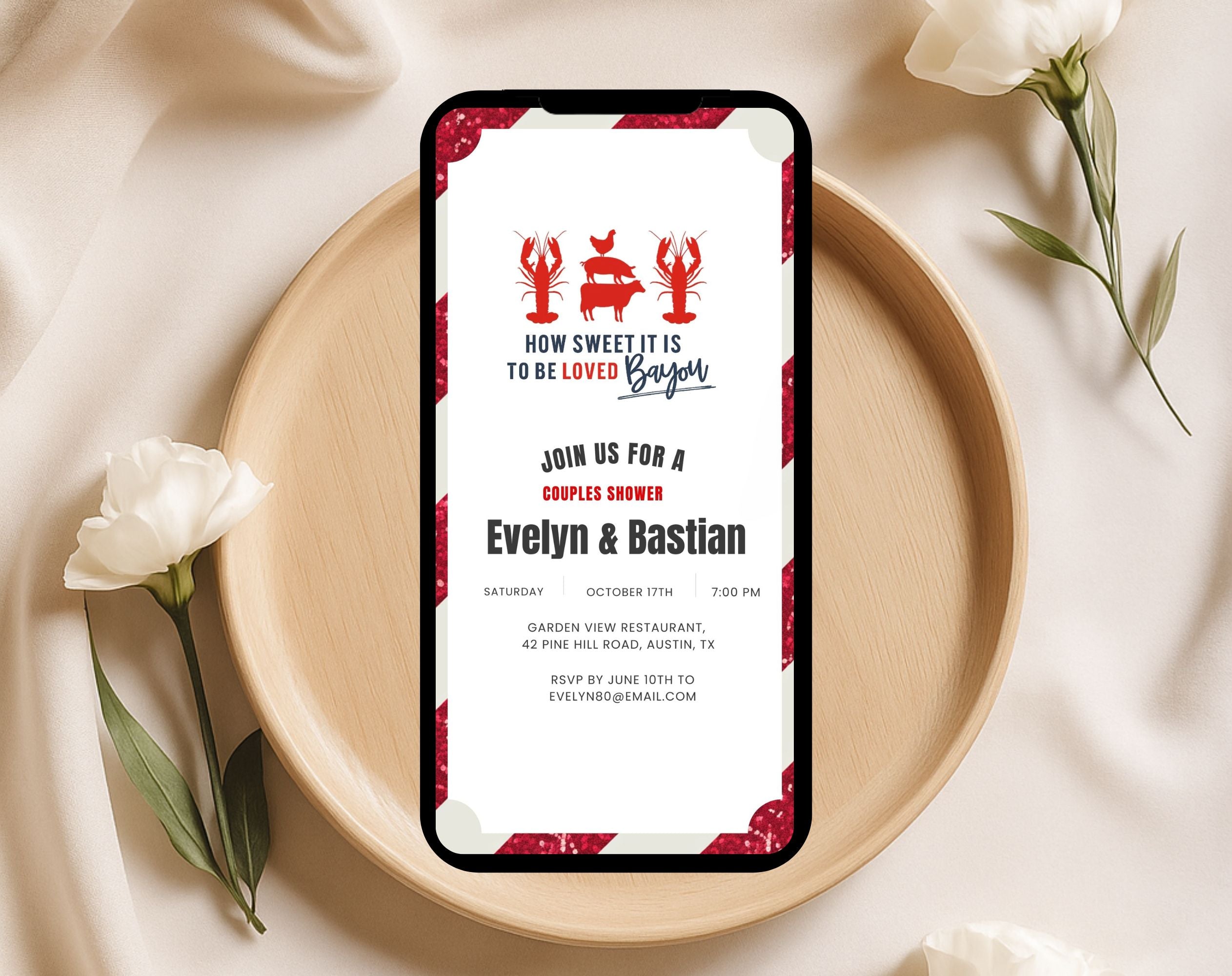 Red and White Bayou Couples Shower Invitation
