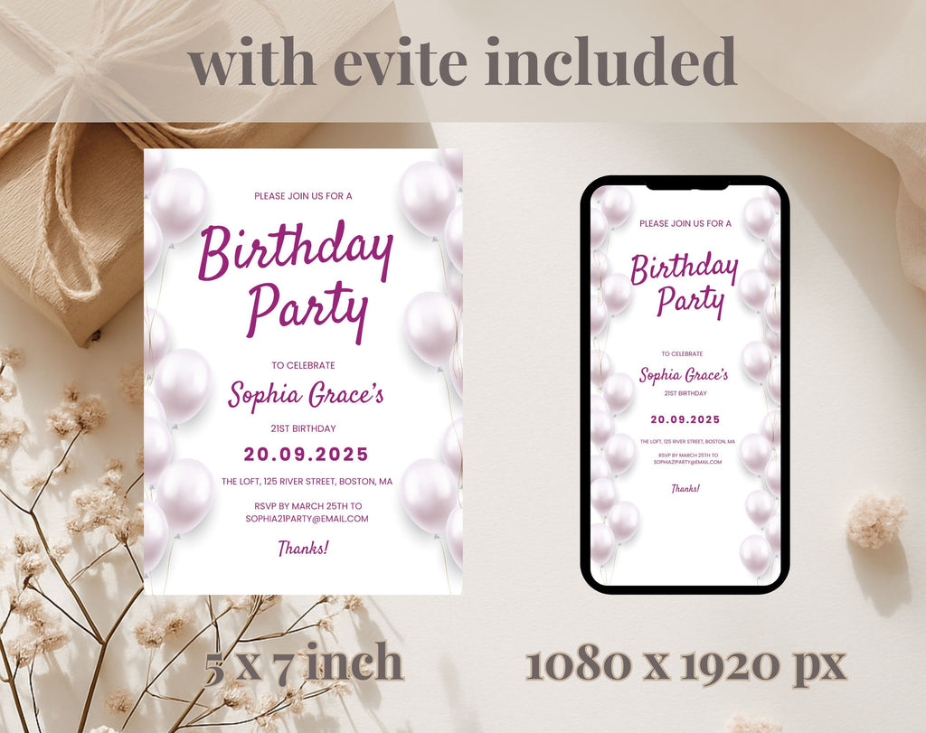 Elegant 2 Pink and White 21st Birthday Invitation