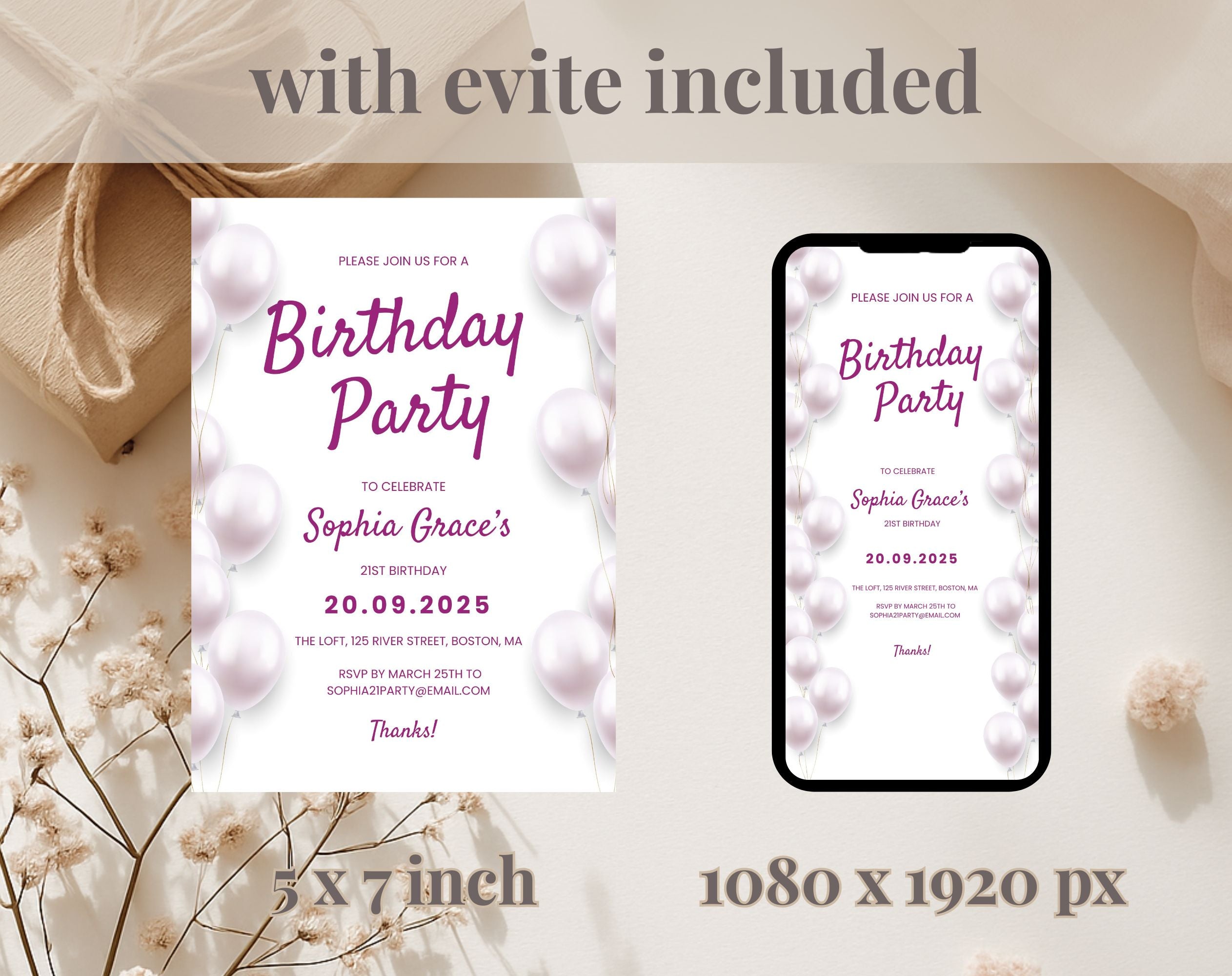 Elegant 2 Pink and White 21st Birthday Invitation