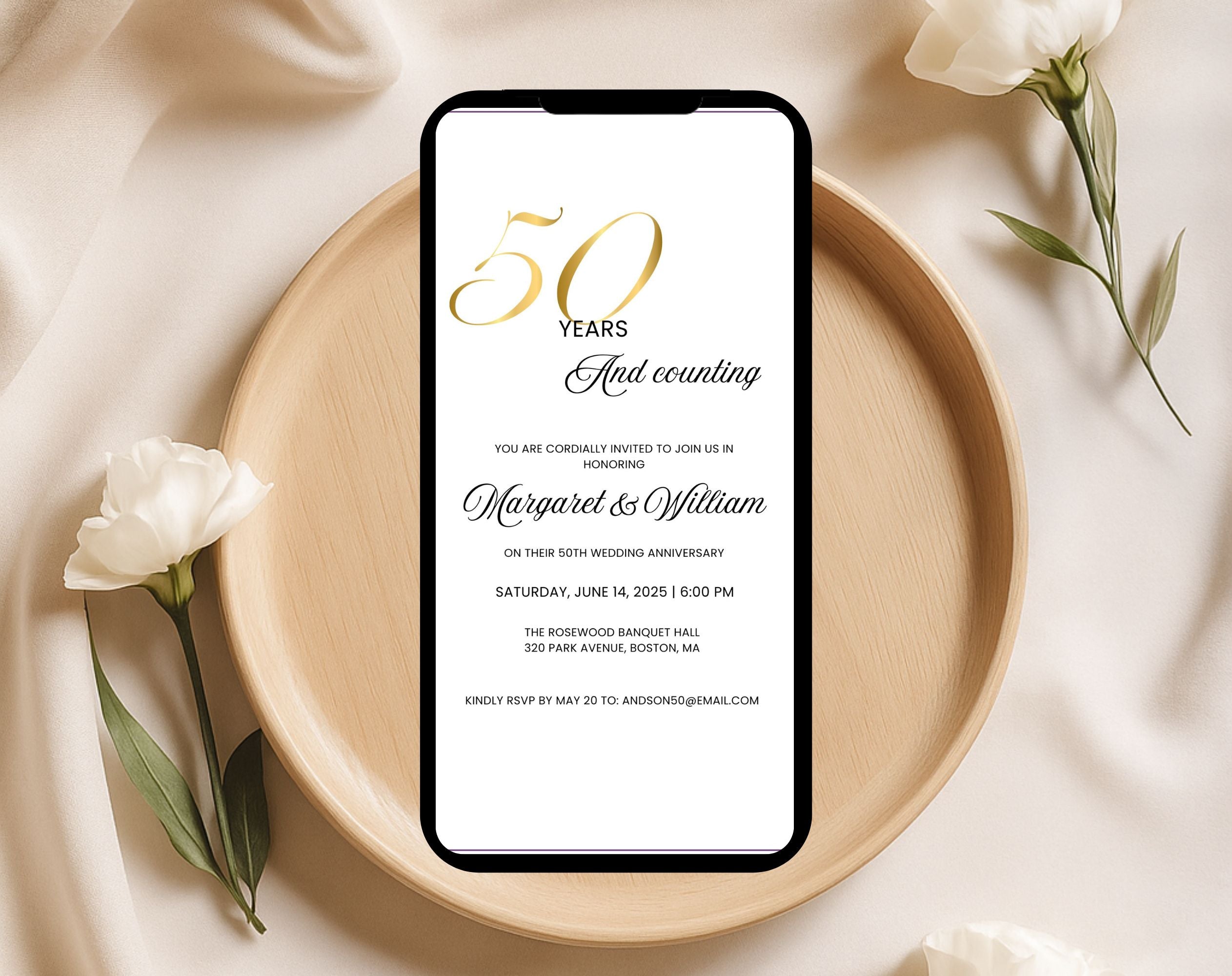 Elegant White Gold 50th Anniversary Invitation