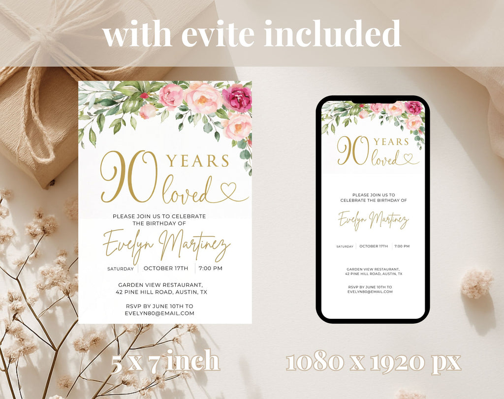 Gold Floral 90th Birthday Invitation