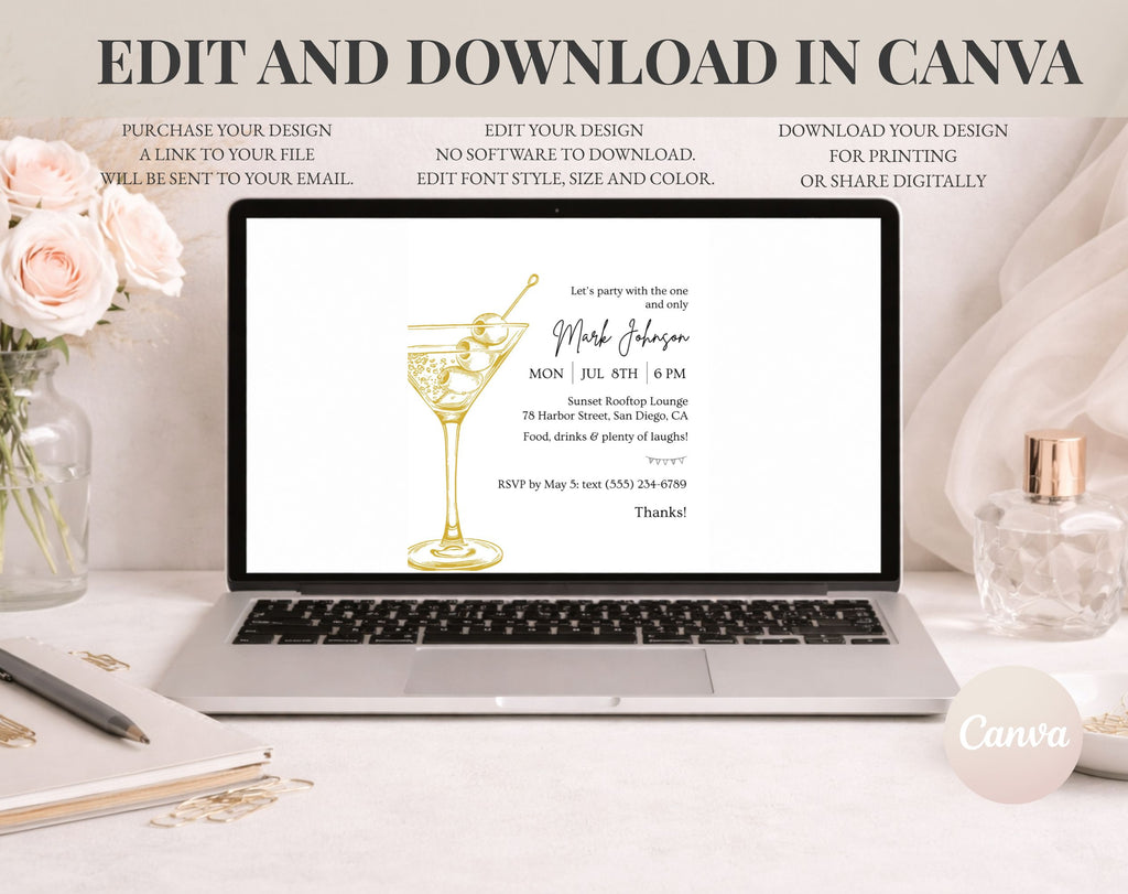 Gold Cocktail Birthday Party Invitation