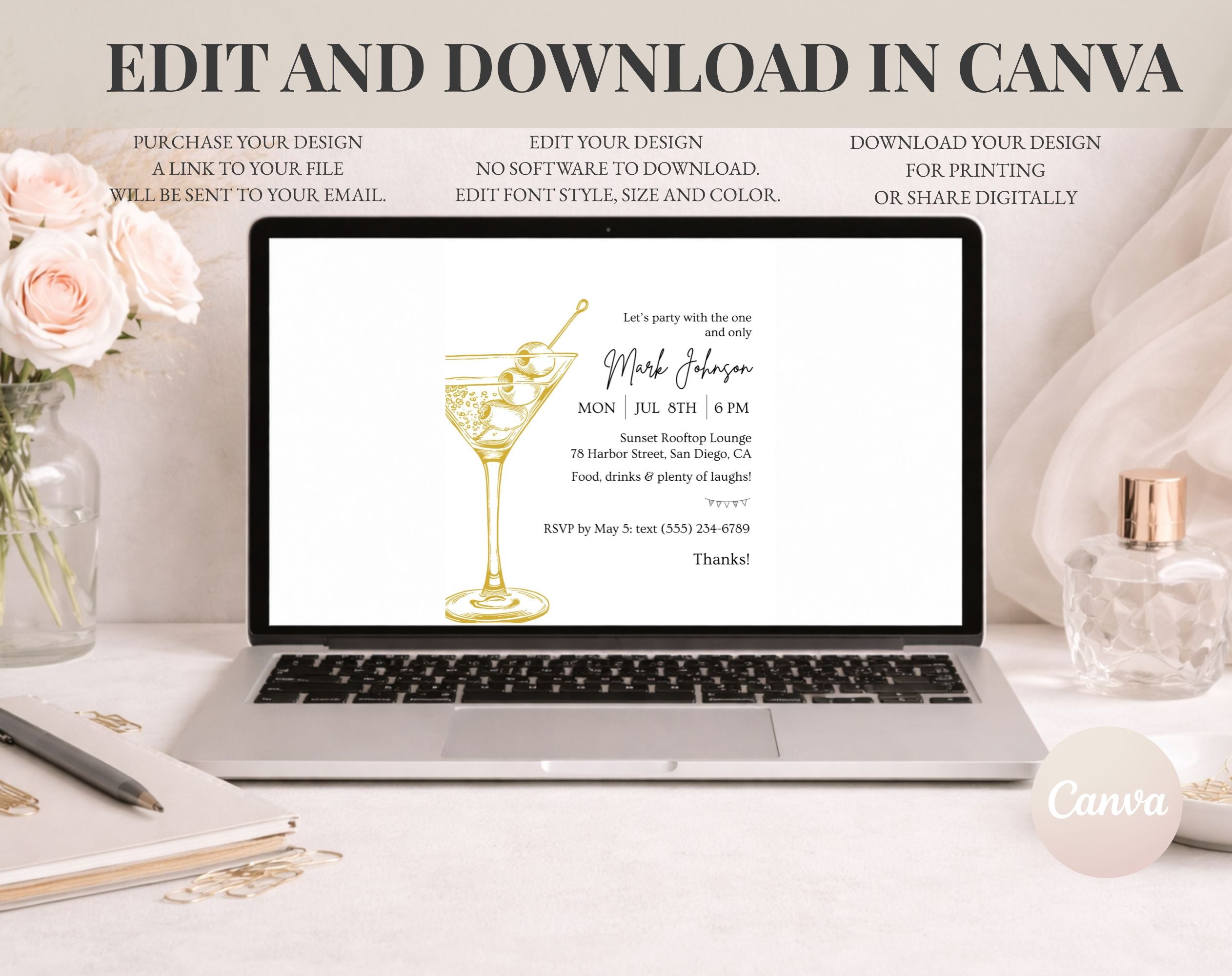 Gold Cocktail Birthday Party Invitation