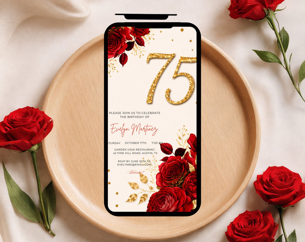 Elegant Red Rose 75th Birthday Invitation
