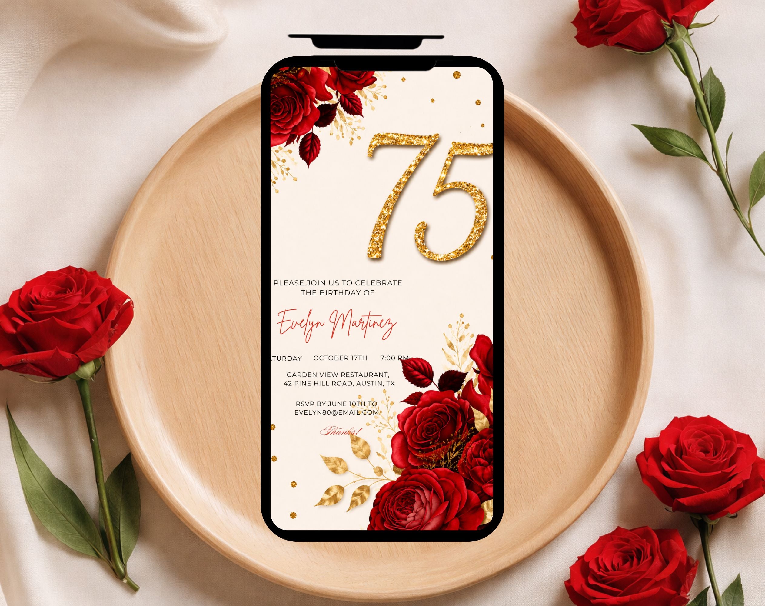 Elegant Red Rose 75th Birthday Invitation