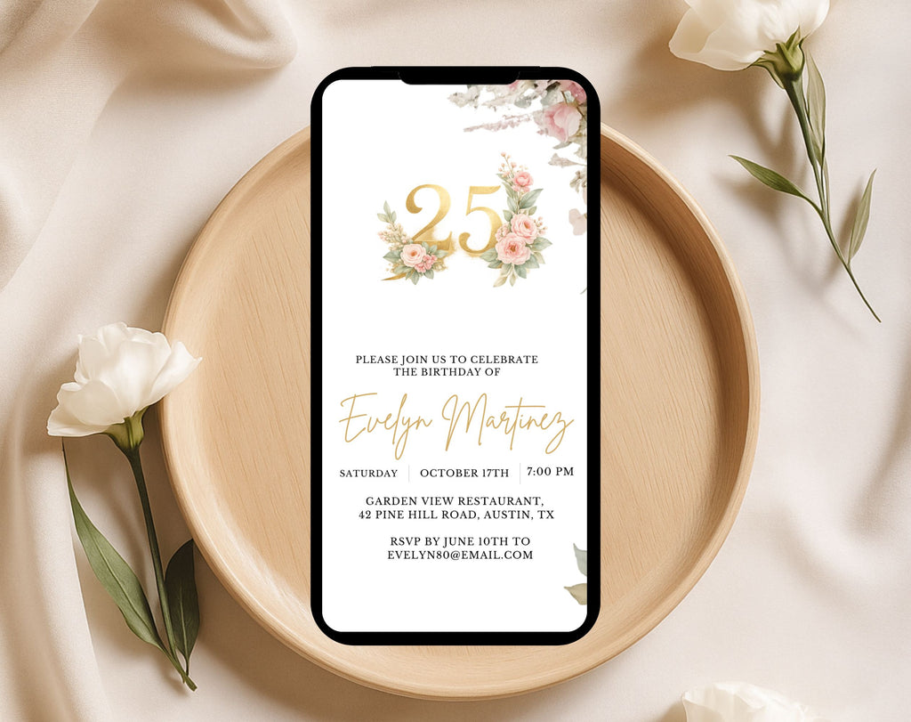 Elegant Floral 25th Birthday Invitation
