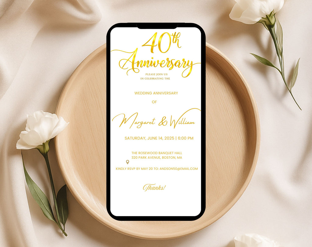 Golden 40th  Wedding Anniversary Invite White Gold