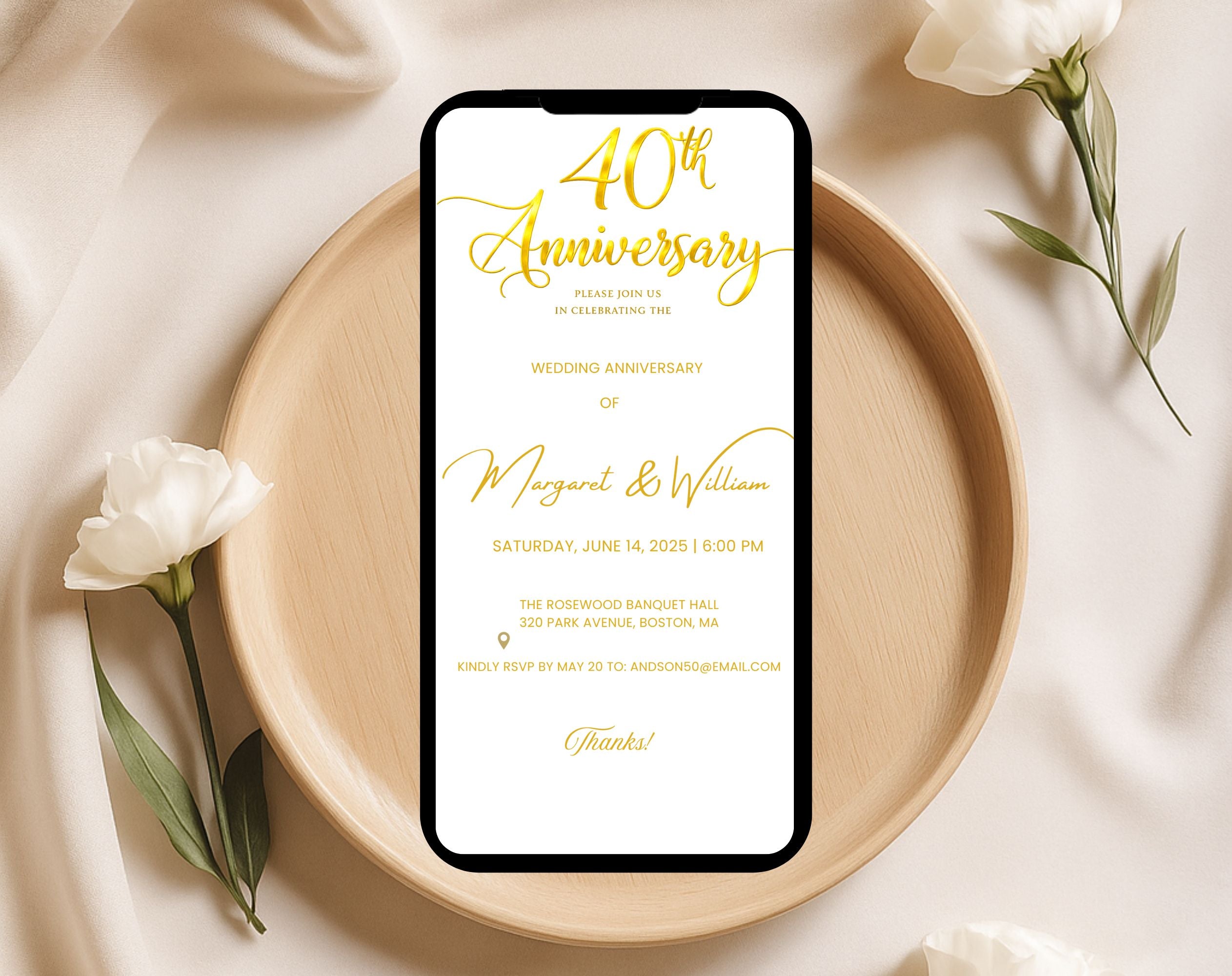 Golden 40th  Wedding Anniversary Invite White Gold