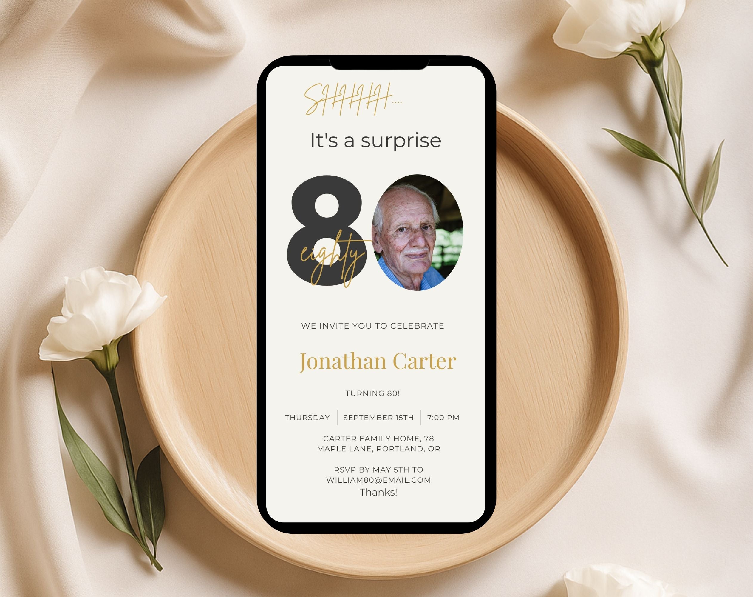 Beige 80th Birthday Invitation