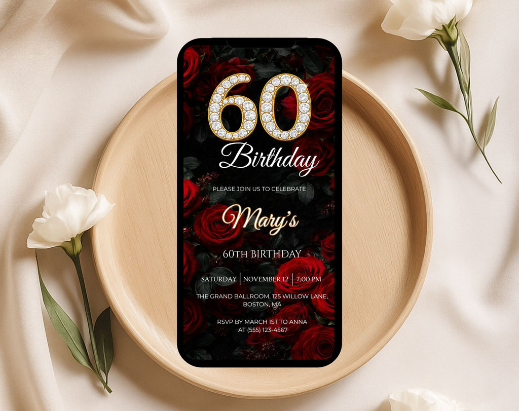 Luxury Red Rose 60th Birthday Invitation