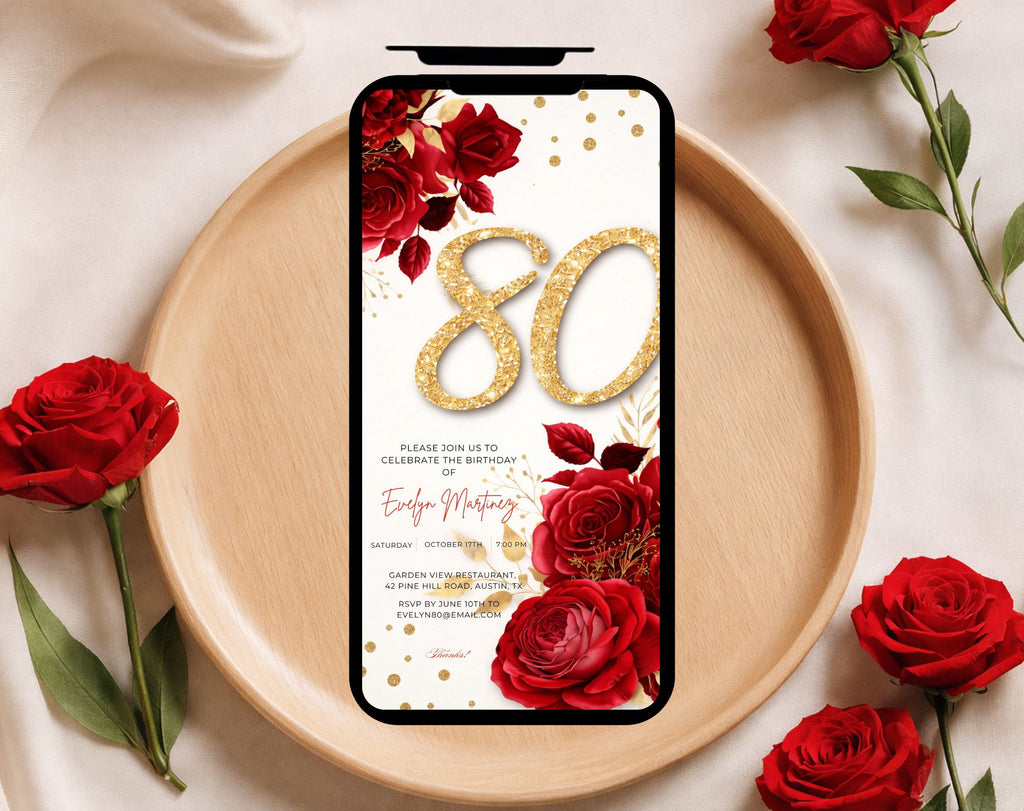Elegant Floral Red and Gold 80th Birthday Invitation