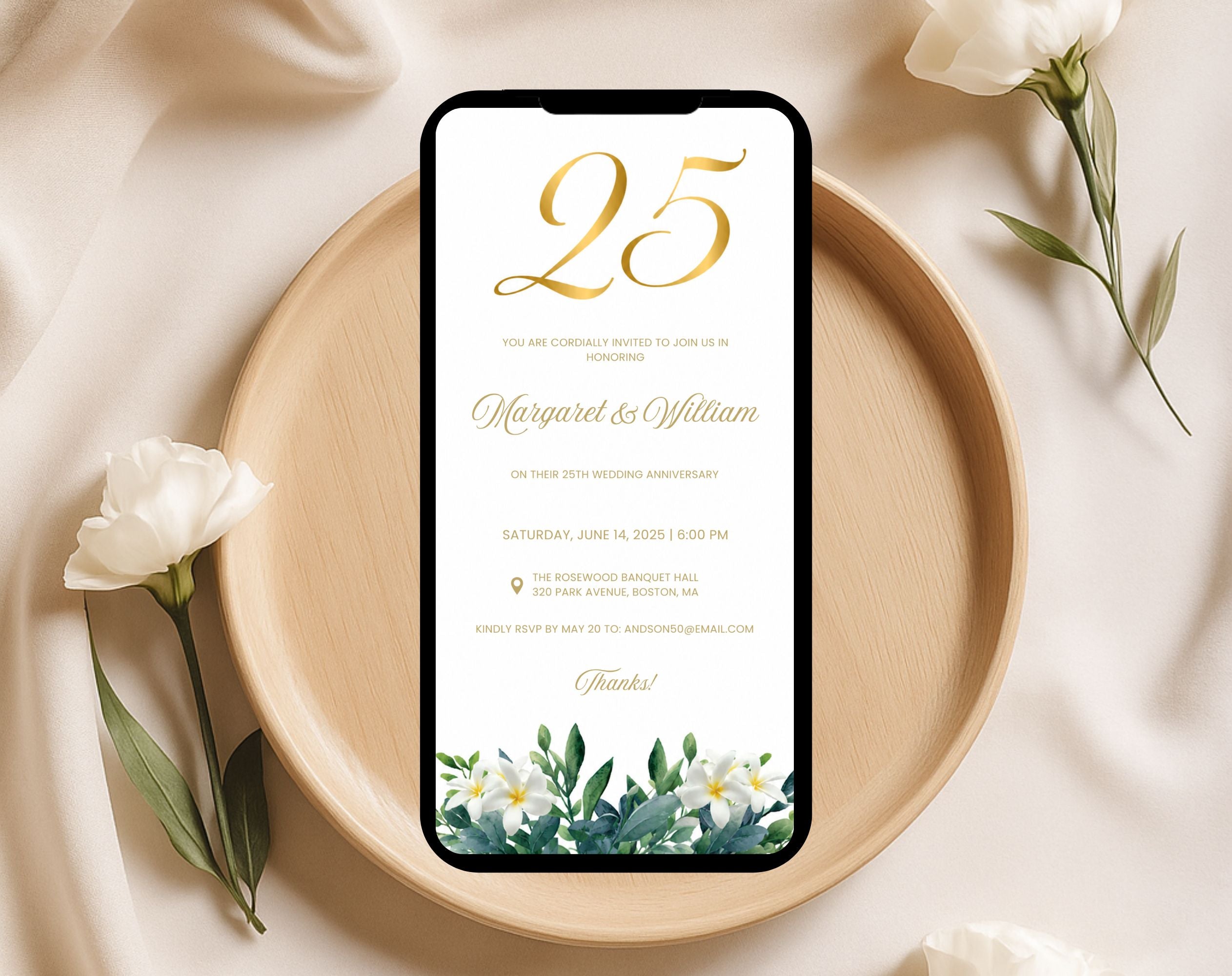 25th White Gold Wedding Anniversary Invitation