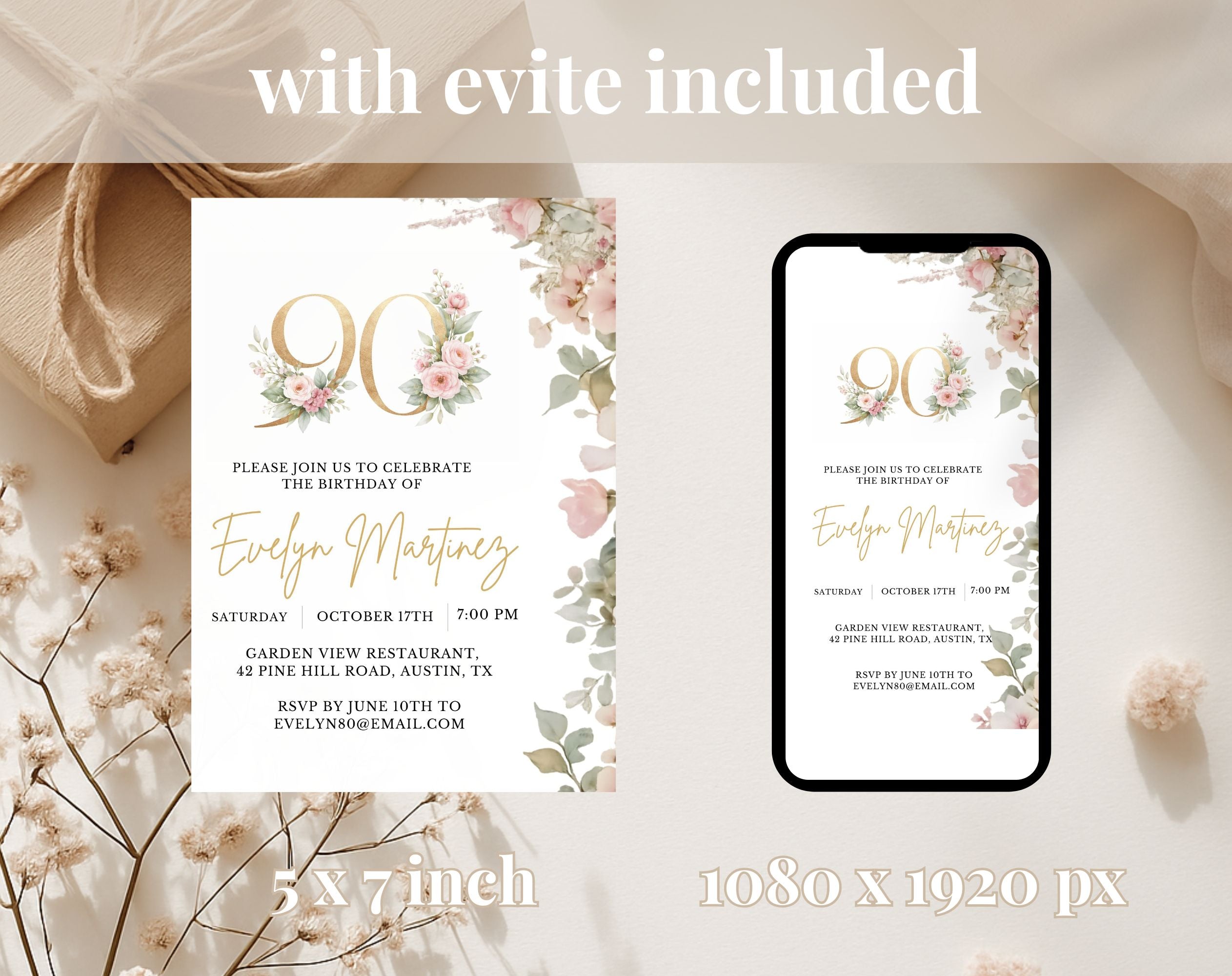 Blush Pink and Gold Floral 90th Birthday Invitation