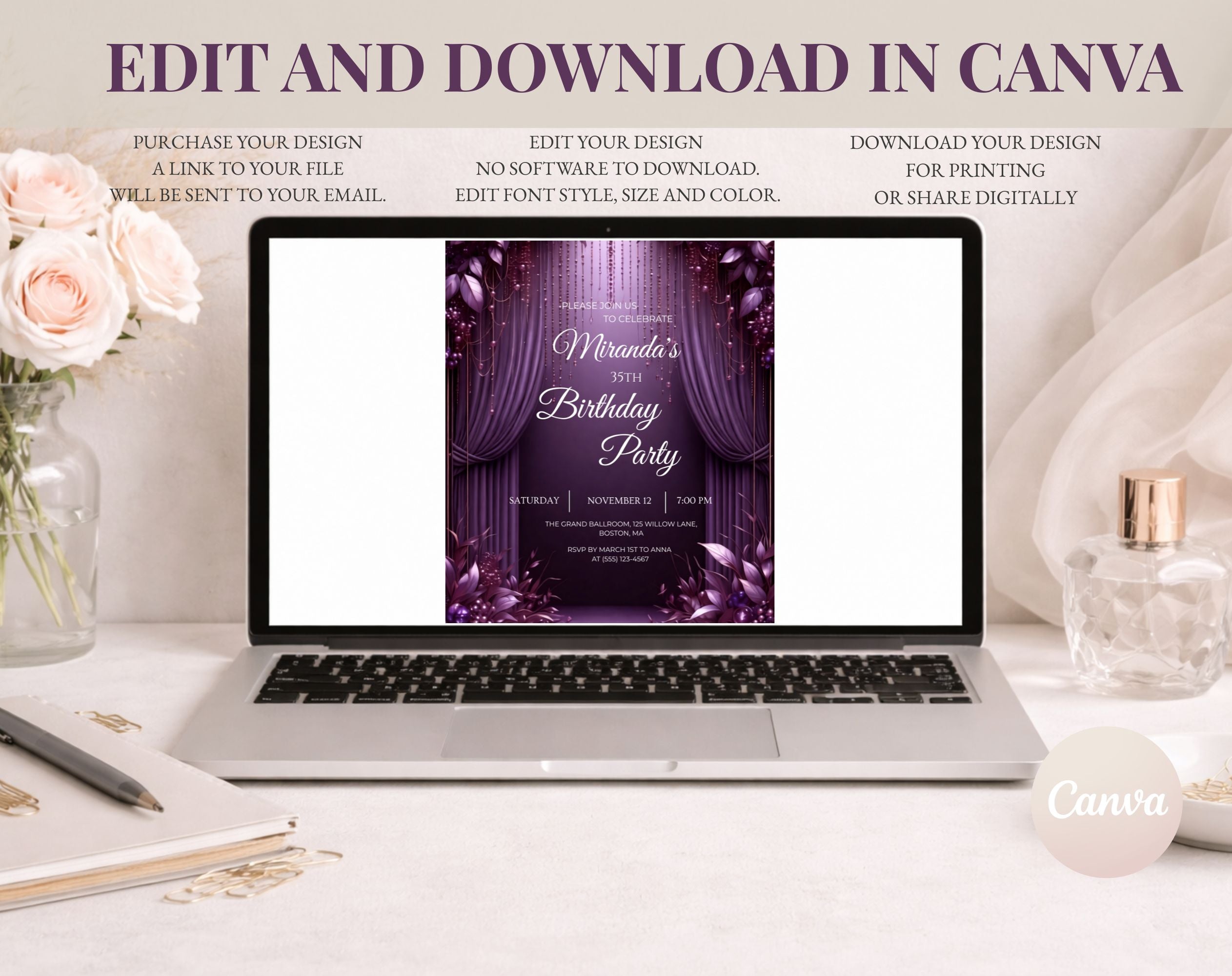 Luxury Purple 35th Birthday Invitation