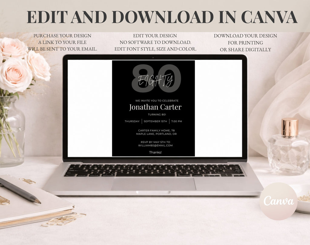 Black 80th Birthday Invitation Template