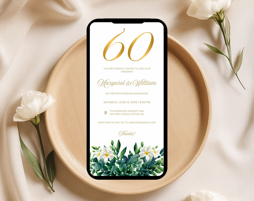 60th White Gold Wedding Anniversary Invitation