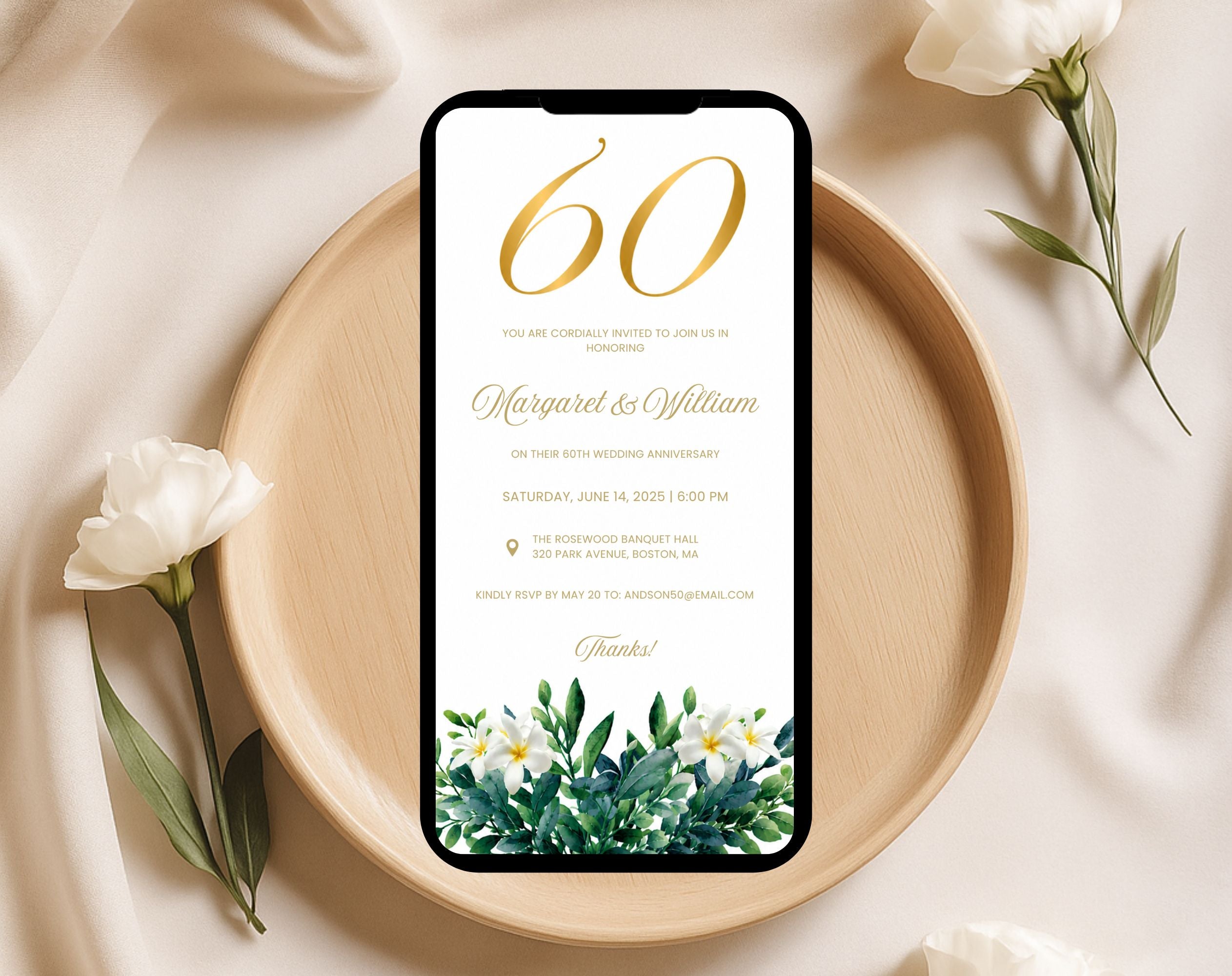 60th White Gold Wedding Anniversary Invitation
