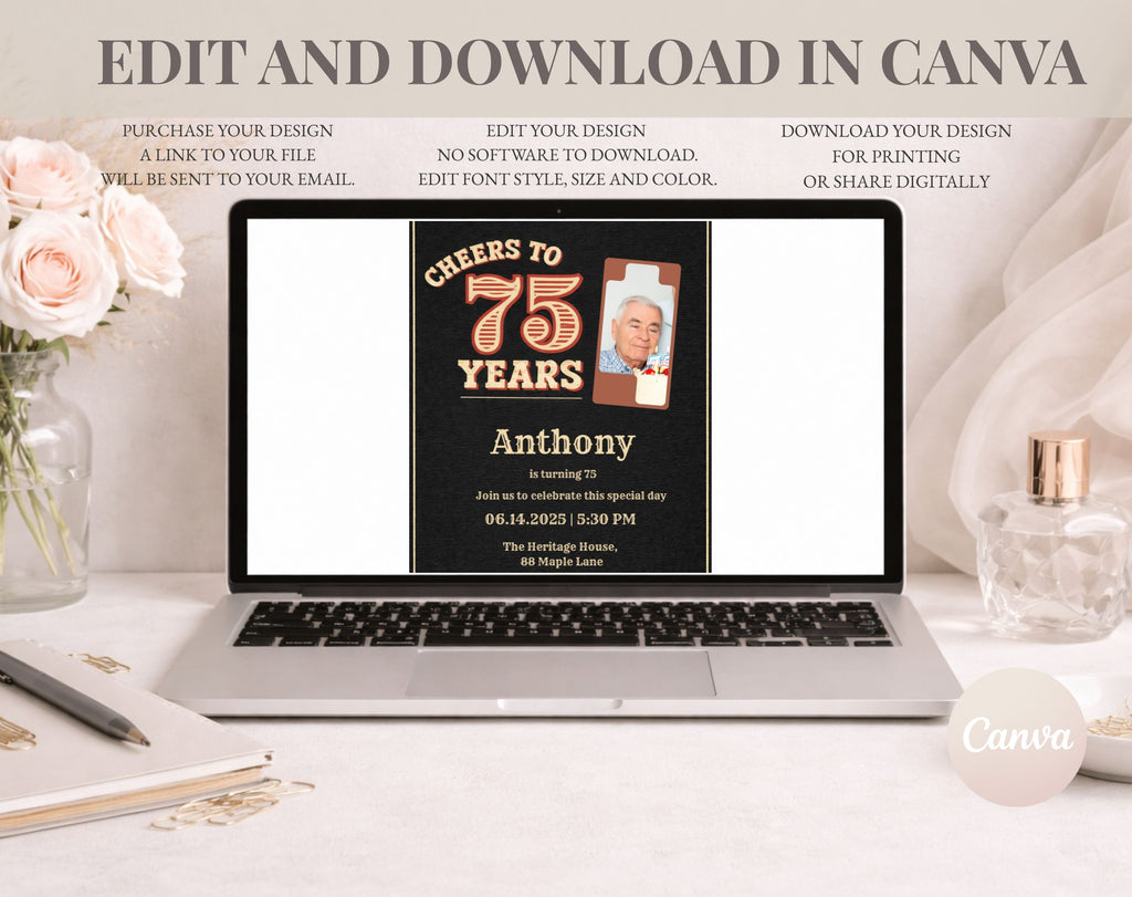Vintage Black 75th Birthday Invitation