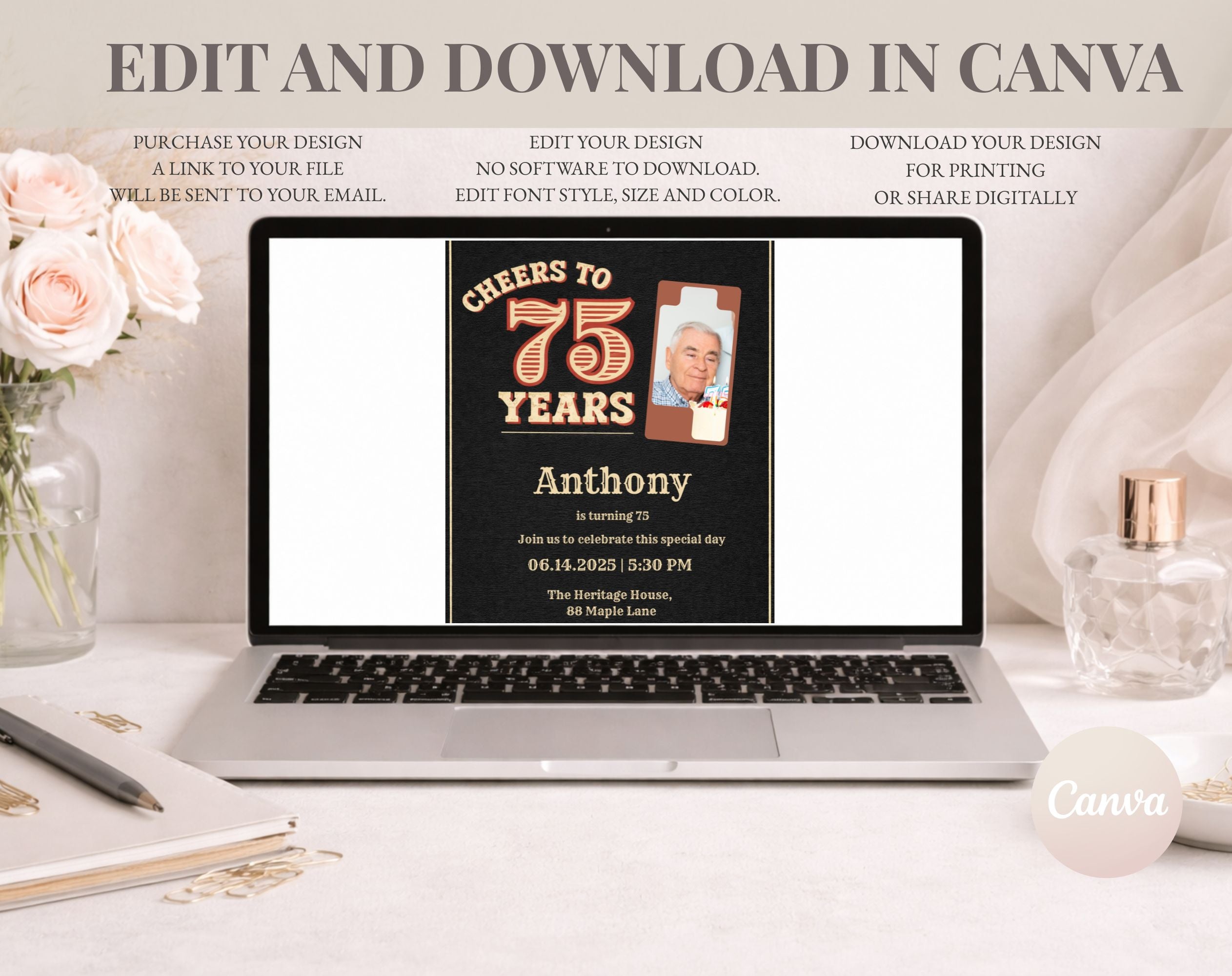 Vintage Black 75th Birthday Invitation