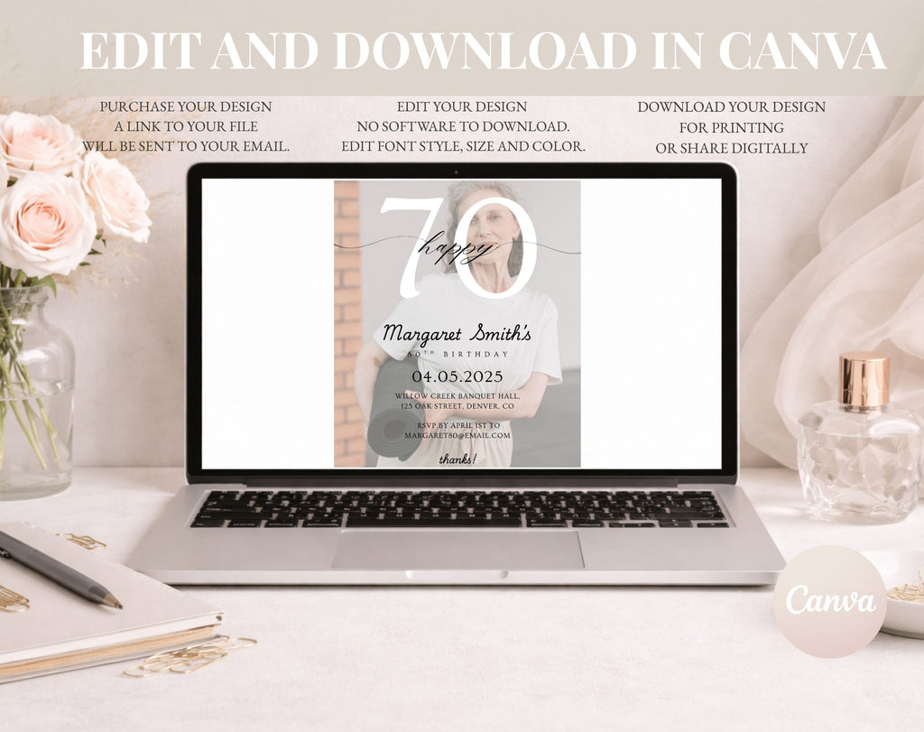 Photo Beige Minimalist 70th Birthday Invitation