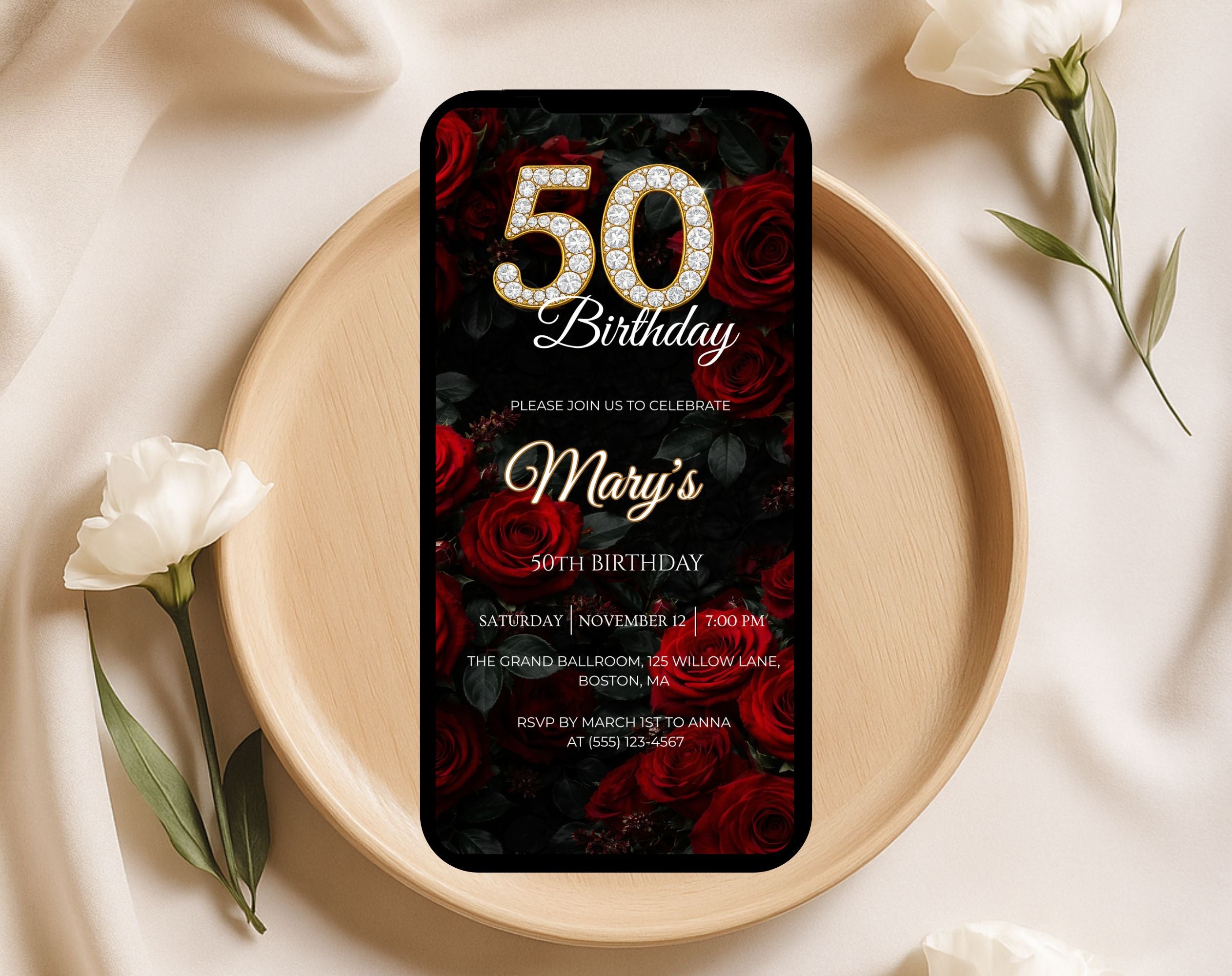 Luxury Red Rose 50th Birthday Invitation