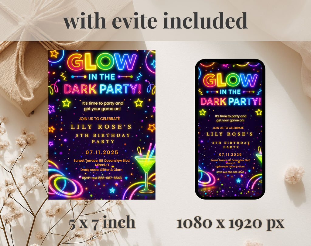 Neon Glow 8th Birthday Invitation