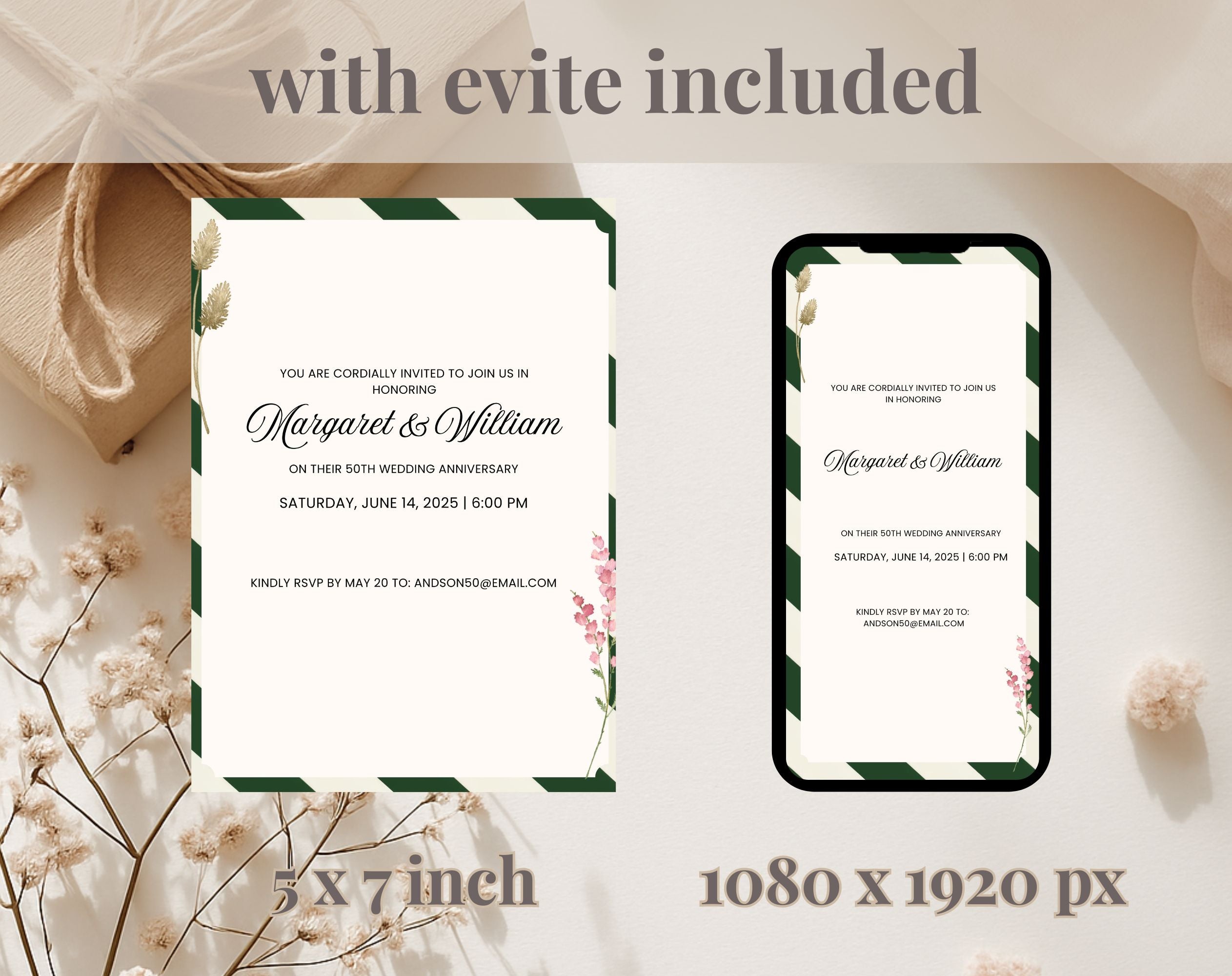 Elegant Green White 50th Anniversary Invitation