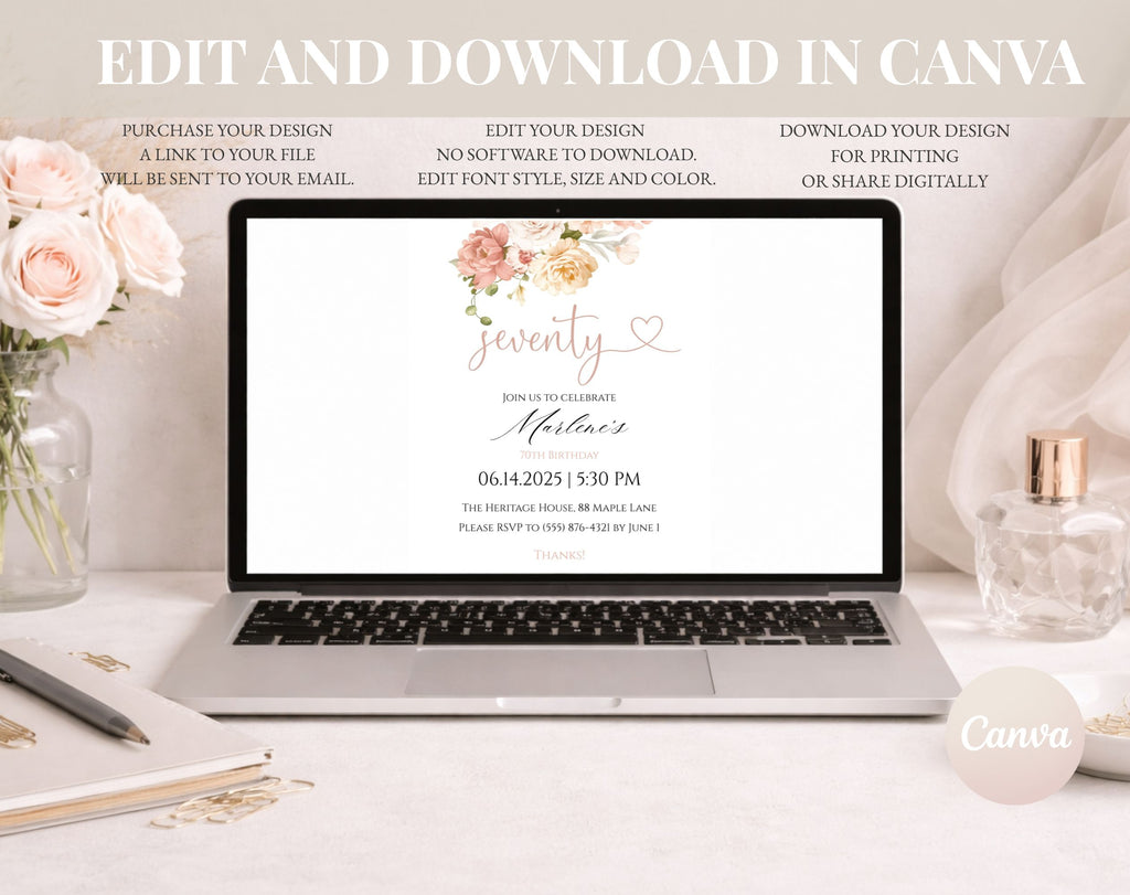 White Elegant Peach Floral 70th Birthday Invitation