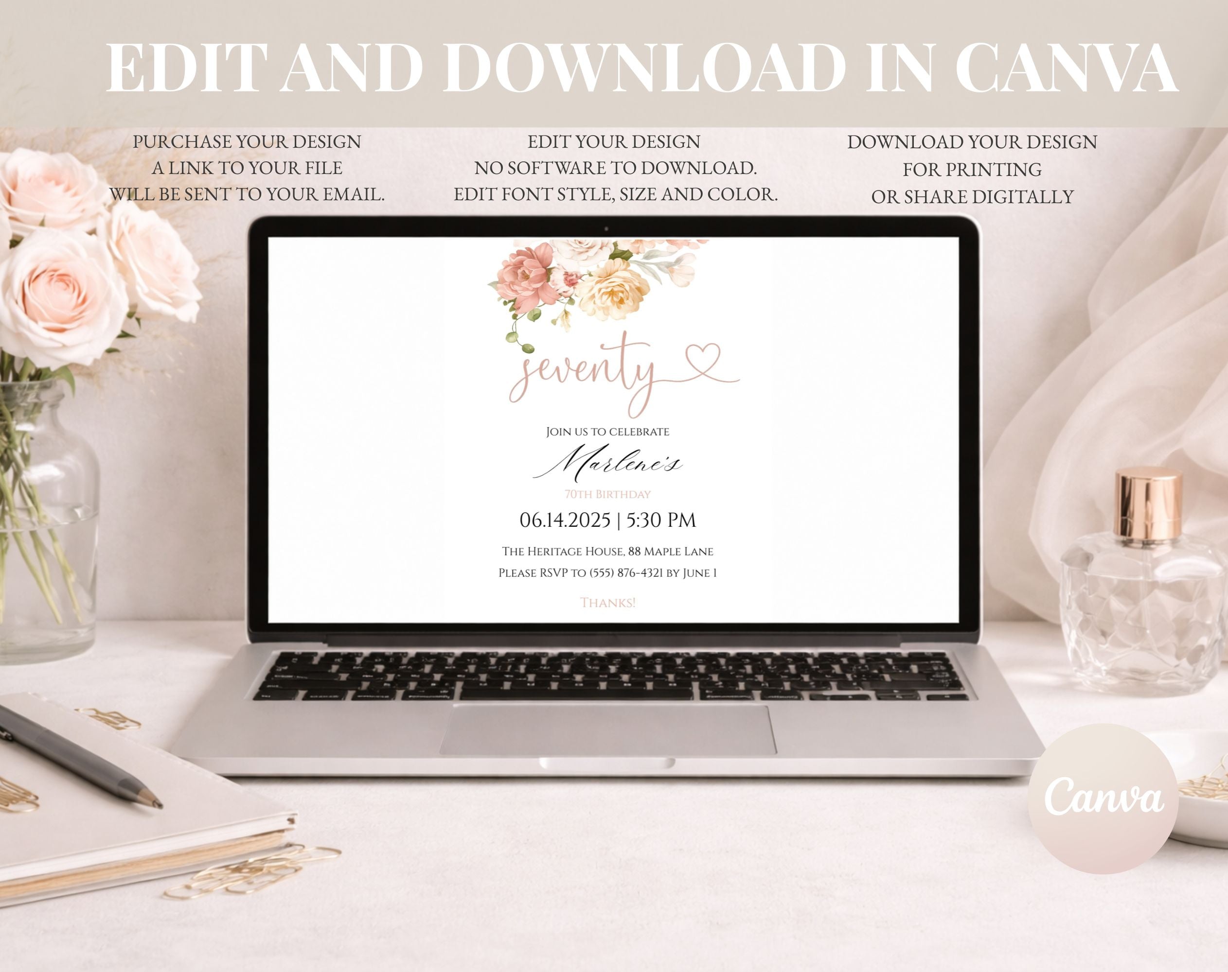 White Elegant Peach Floral 70th Birthday Invitation
