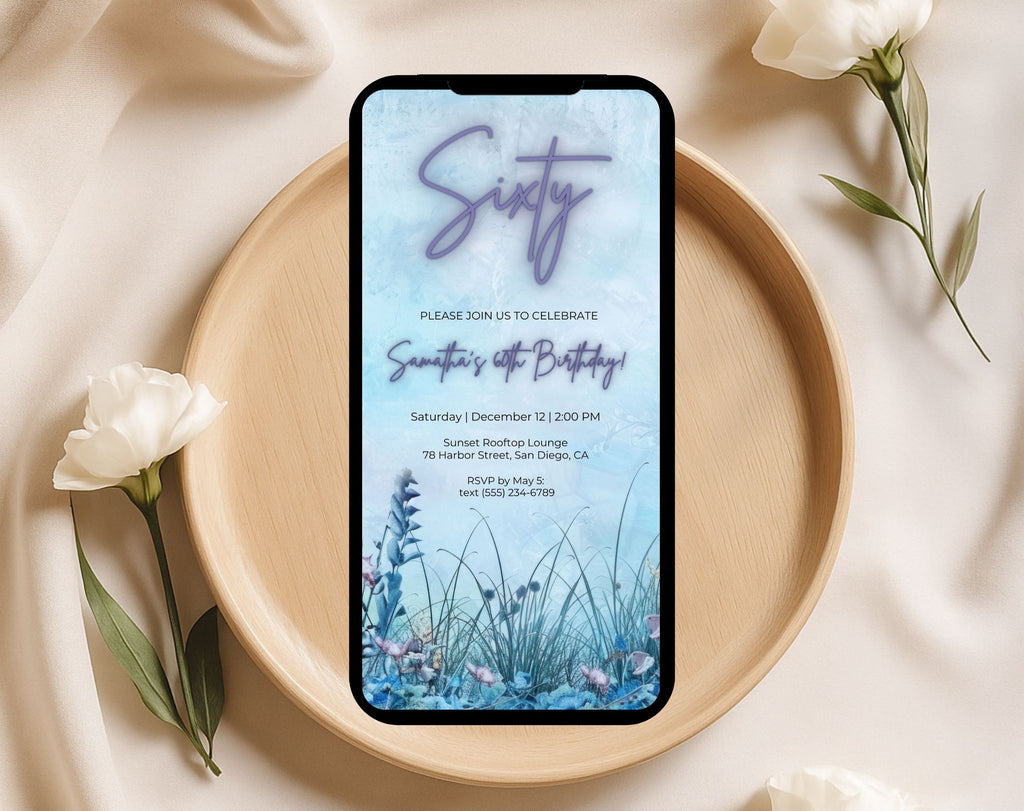 Blue Floral Elegant 60th Birthday Invitation
